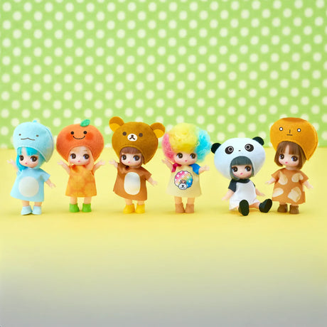 Group of small blind box character dolls with animal hoods and bright outfits