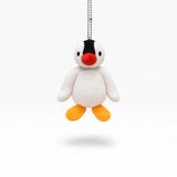 Plush penguin keychain with silver chain, white body, black cap, red beak, orange feet