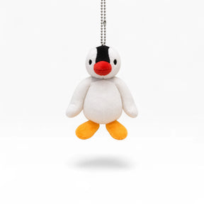 Plush penguin keychain with silver chain, white body, black cap, red beak, orange feet