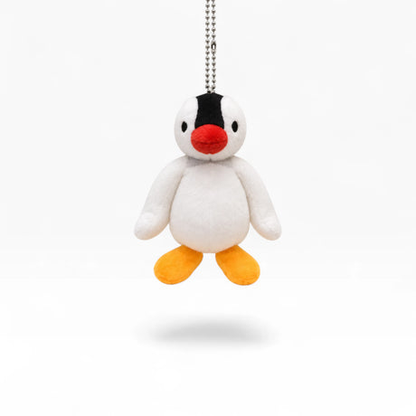 Plush penguin keychain with silver chain, white body, black cap, red beak, orange feet