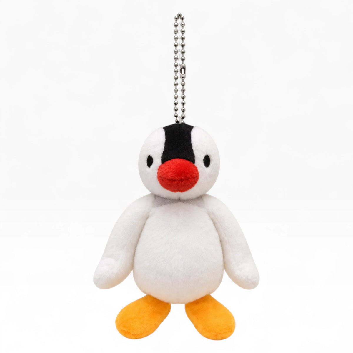 Plush penguin keychain with silver bead chain, white belly, black head, orange feet