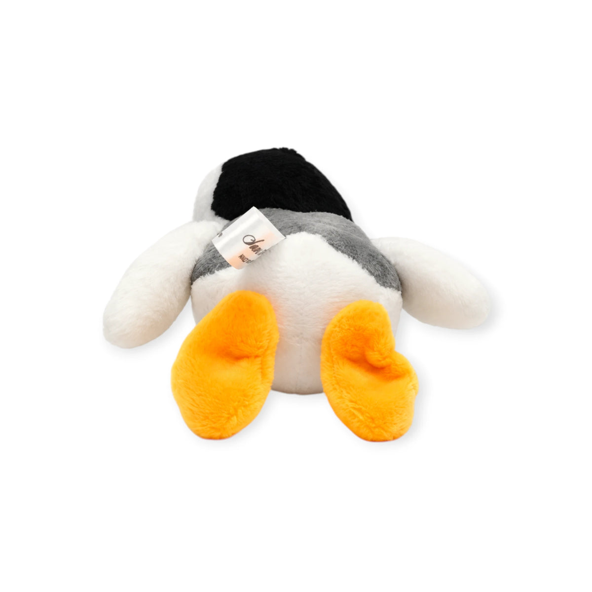 Plush penguin keychain with fabric tag, black top, white body, and orange feet
