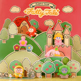 Blind box toy packaging with Fatty Tale cartoon characters, trees, and castle scene