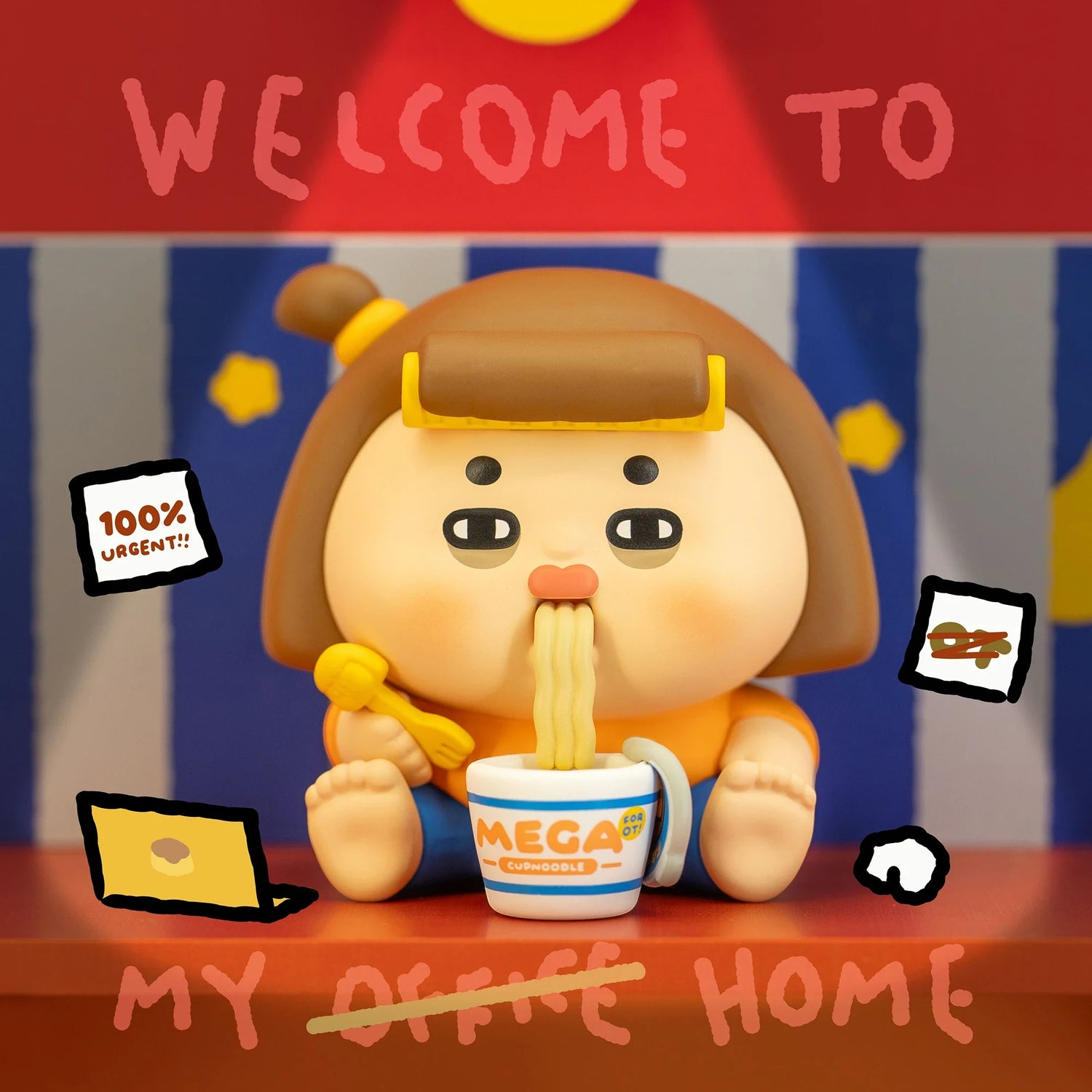 Vinyl collectible character figure with brown hair and blue outfit, holding bowl of noodles