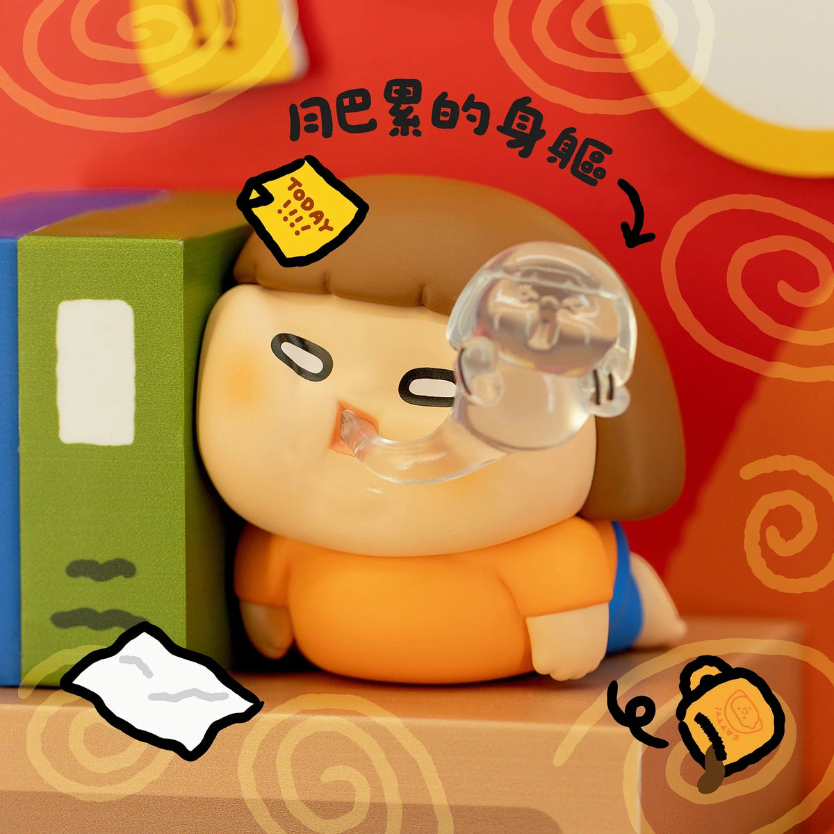 Vinyl collectible character figure with clear bubble dome over head, orange shirt and blue shorts