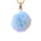 Light blue fluffy pom pom bag charm with gold lobster claw clip keychain accessory on white background