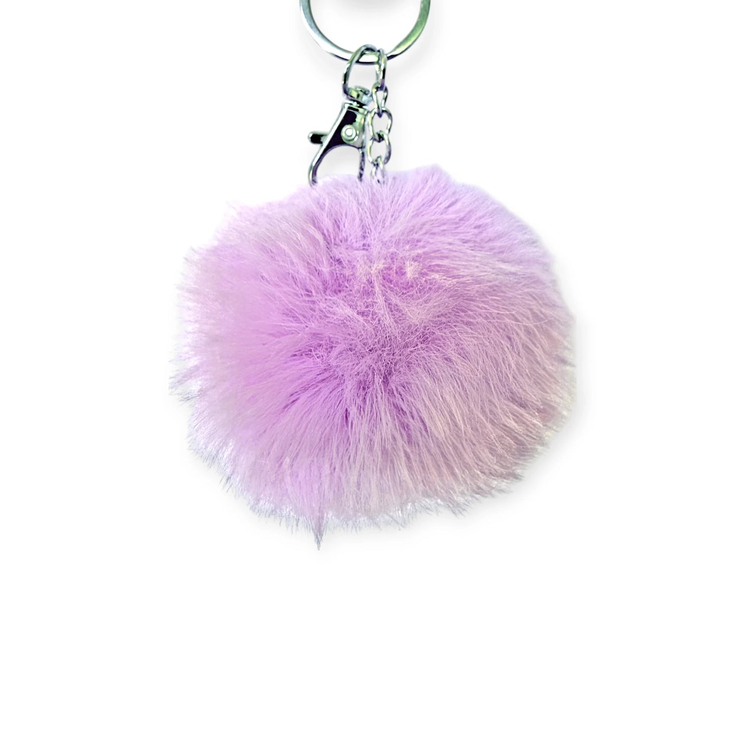 Fluffy lavender pom pom bag charm with silver keyring and lobster claw clip for easy attachment to bags or keys