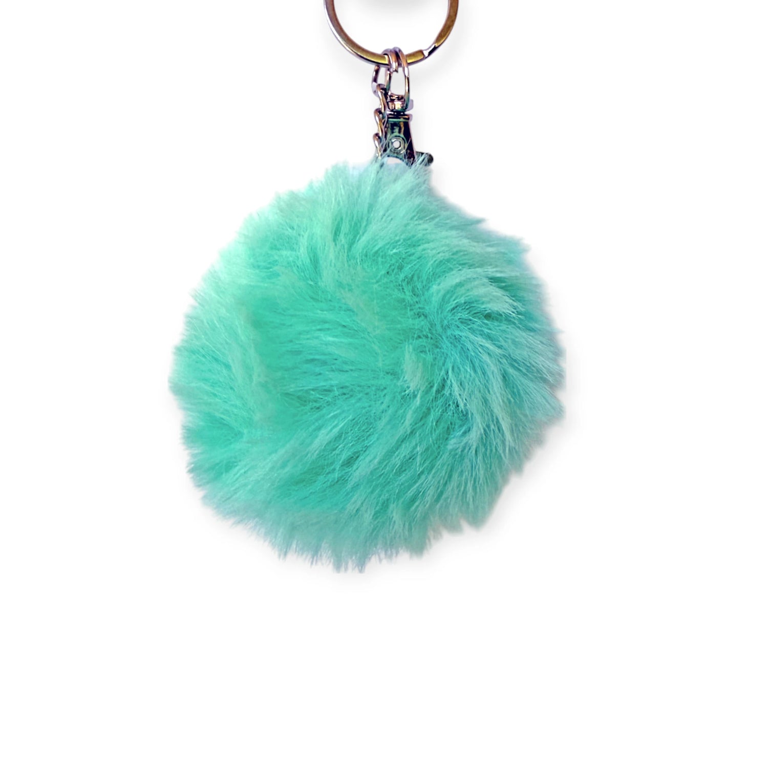 Fluffy turquoise pom pom bag charm with silver lobster claw clip for easy attachment to bags or keys