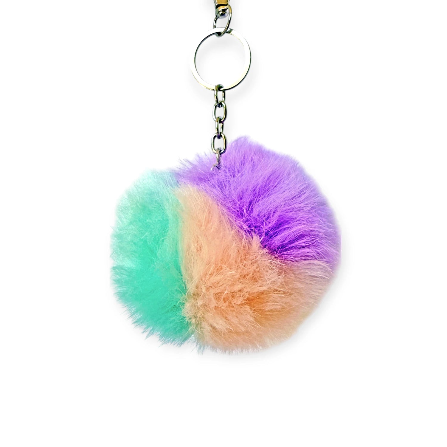 Colorful fluffy pom pom bag charm in pastel purple, peach, and teal with silver lobster claw clip and key ring attached