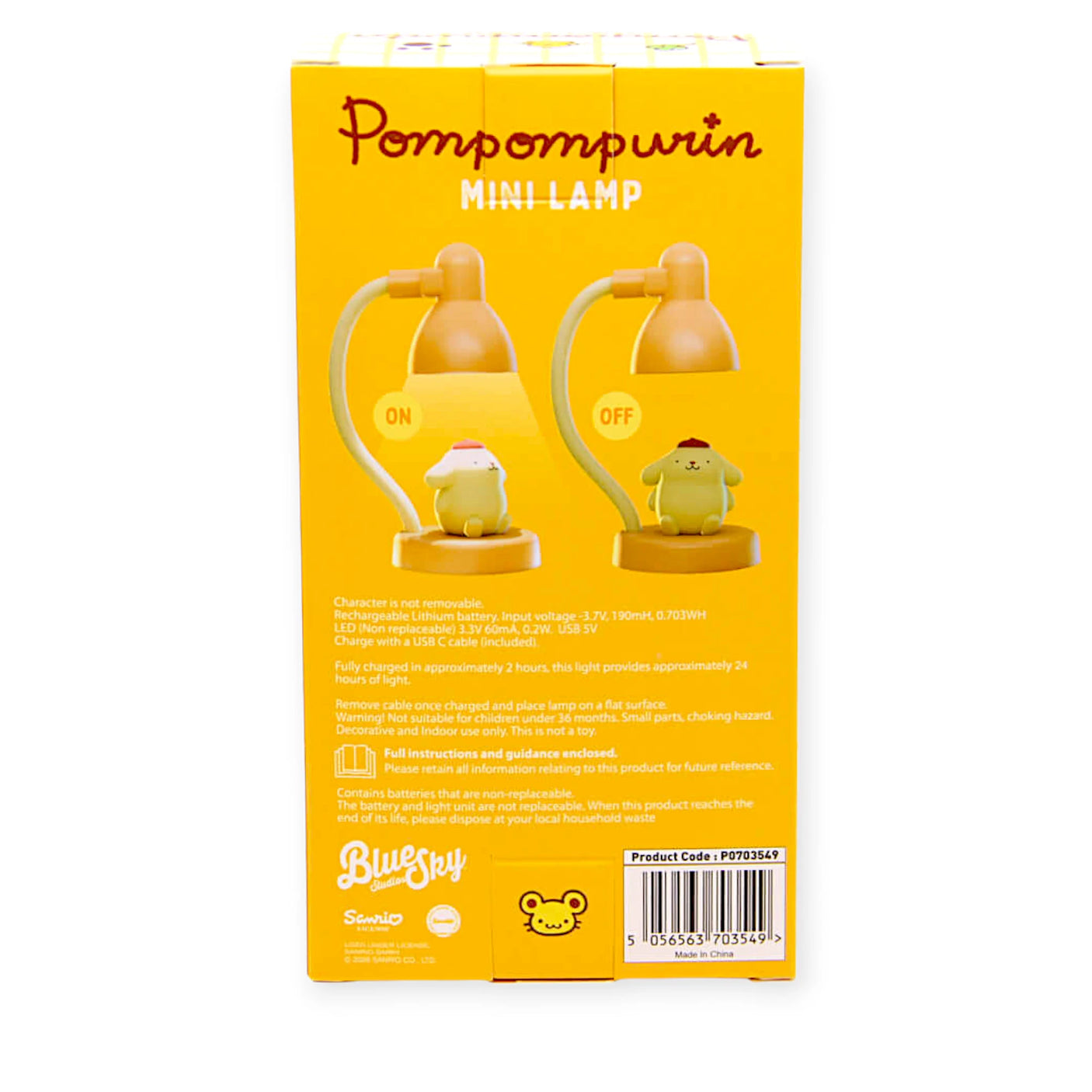 Pompompurin Mini Night Light by Sanrio shown on yellow box with two lamp illustrations and character figures on round bases