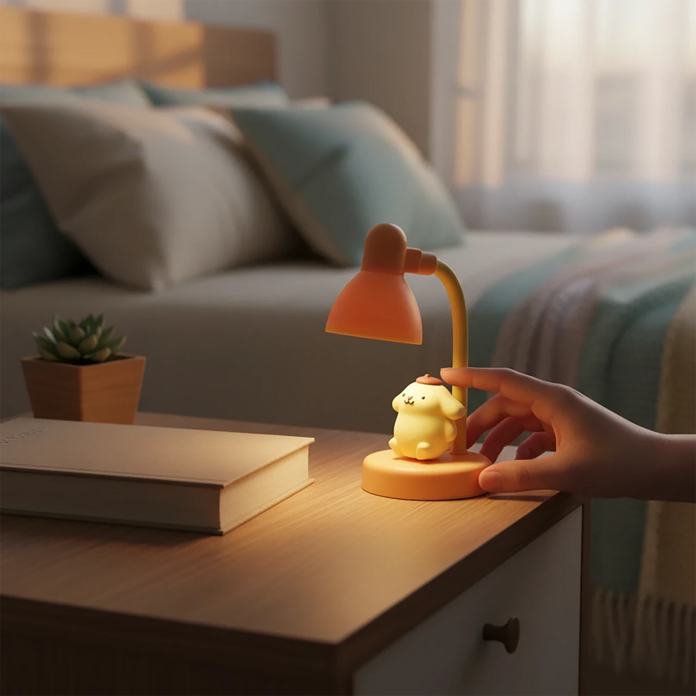 Pompompurin Mini Night Light by Sanrio glowing softly on bedside table beside books and small plant