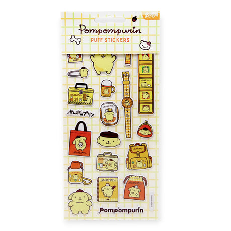 Sanrio Pompompurin 3D Puffy Stickers set featuring character in various poses on grid-patterned sheet