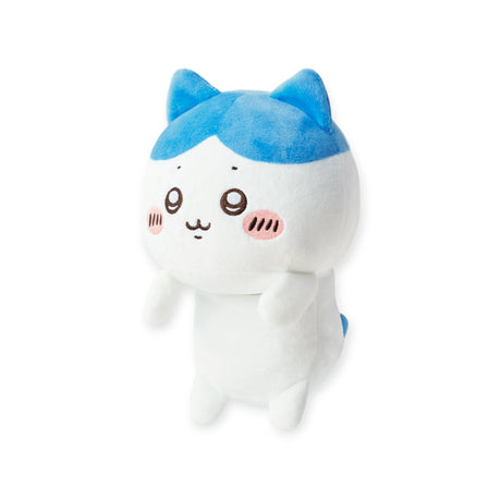 The Chiikawa Posture Plush Buddy - Hachiware by Chiikawa features a white body, blue cat ears, blue hair, round eyes, and pink cheeks—an adorable plush to brighten your desk.