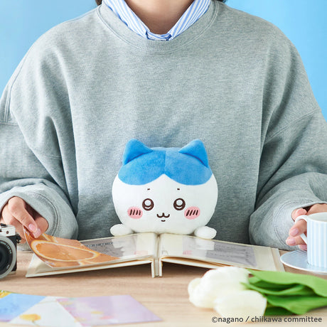 A person in a gray sweatshirt sits at a table with an open book, holding the Chiikawa Posture Plush Buddy - Hachiware by Chiikawa. A cup and camera are also on the table.