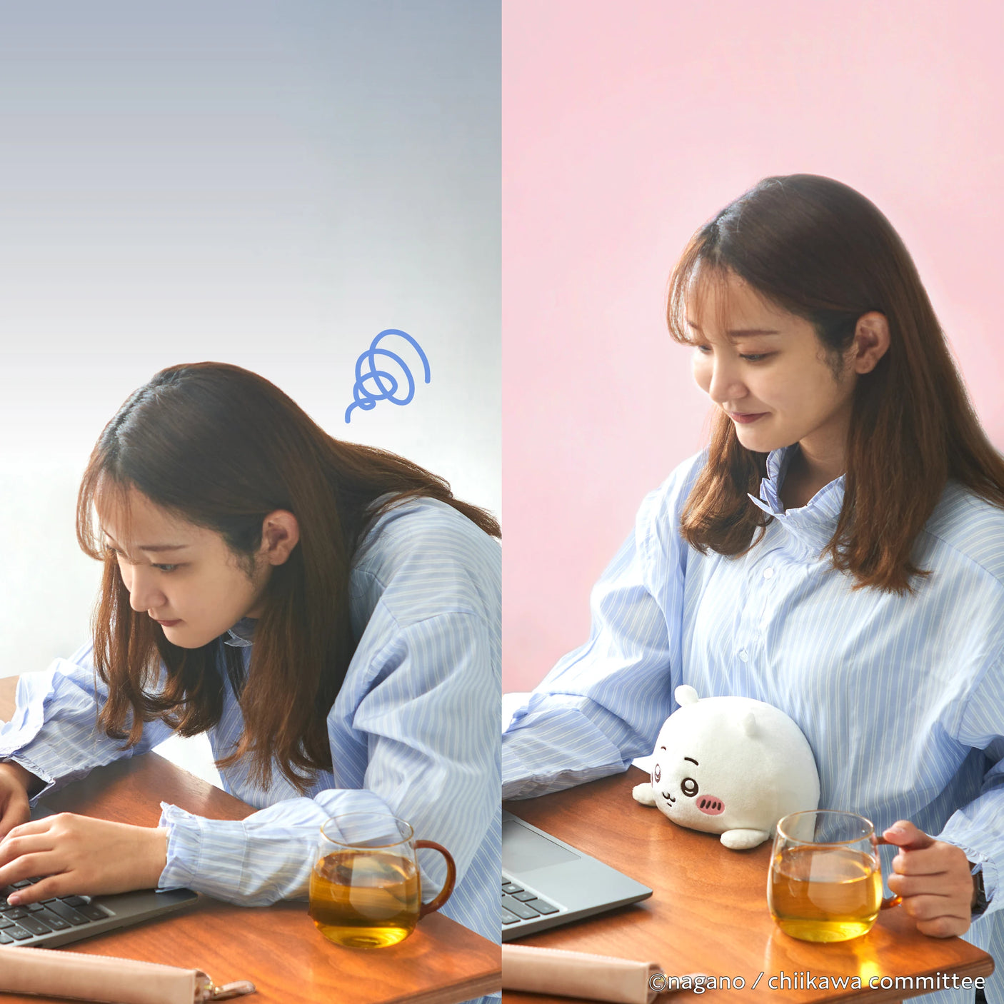 A woman sits at her desk looking stressed with a drink, then appears calm with the Chiikawa Posture Plush Buddy by Chiikawa. The background shifts from blue to pink.