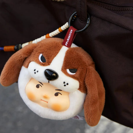 PP x Monster Puppy Bros Plush Keychain - Blind Box featuring a brown and white dog face with a human-like expression by ToyZero+