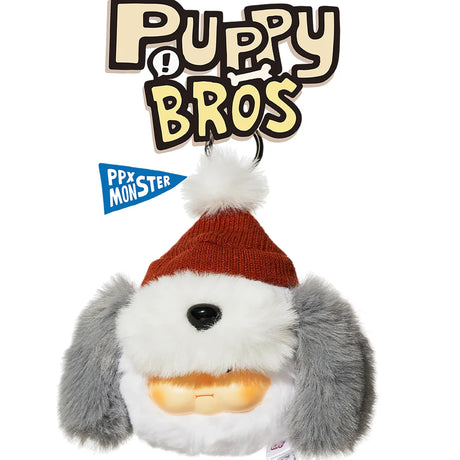 PP x Monster Puppy Bros Plush Keychain - Blind Box showing fluffy white and gray dog face with red knit hat by ToyZero+