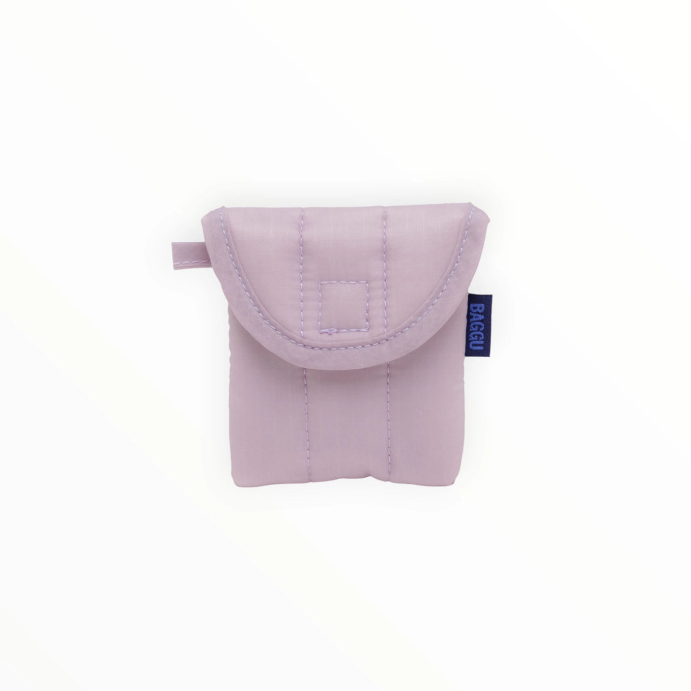 The Baggu Puffy Earbuds Case in Dusty Pink is a small quilted fabric pouch with a flap closure and "BAGGU" tag, providing sustainable protection for your earbuds.