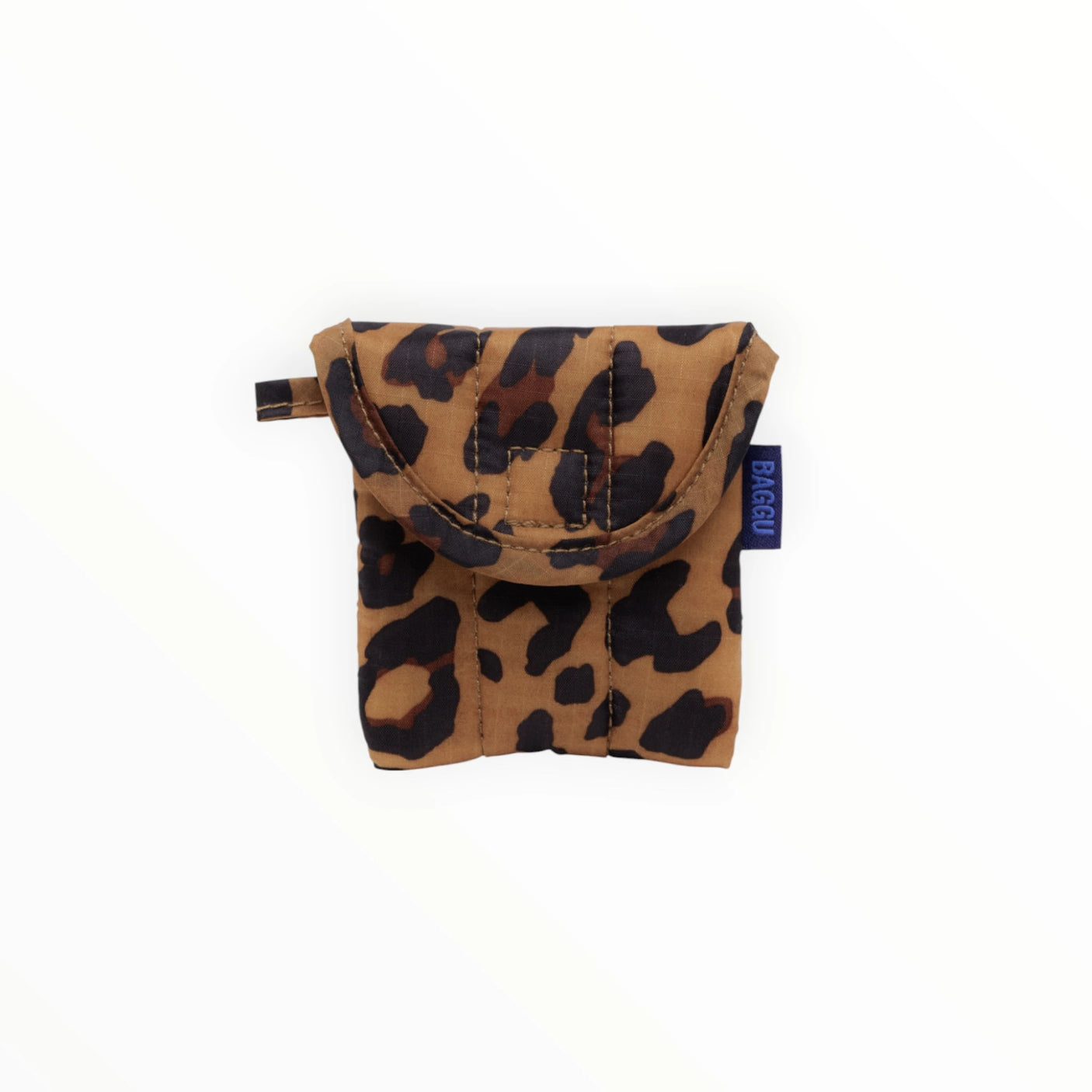 The Baggu Puffy Earbuds Case - Leopard is a compact brown fabric pouch with a black leopard-print, ideal for storing earbuds, featuring a distinctive blue tag.