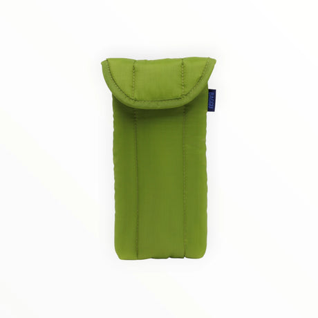 This green phone case, resembling the Baggu Puffy Glasses Sleeve - Green Juice, is made from recycled ripstop nylon with protective padding and a flap closure, featuring a small blue tag.