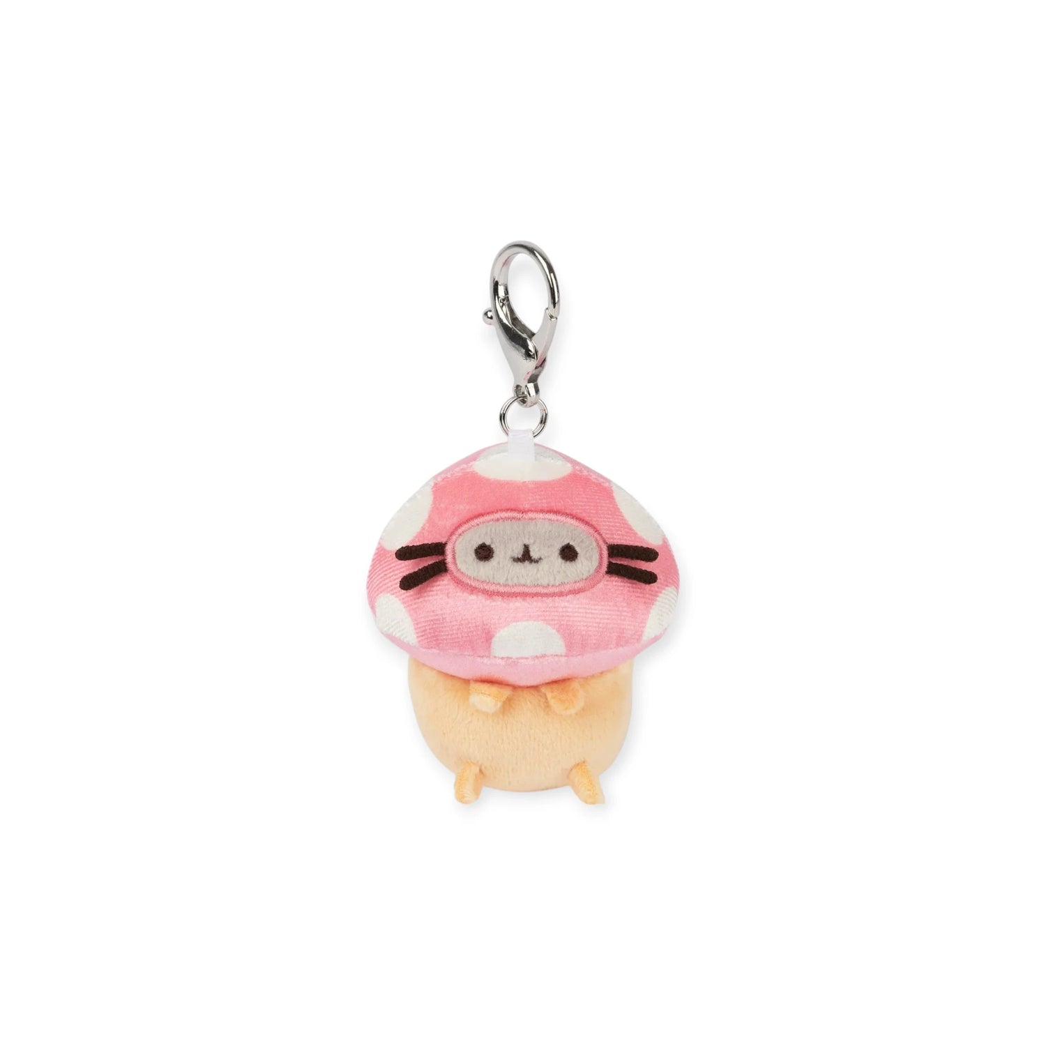 The Pusheen Blind Box - Enchanted Forest features a cute plush keychain with a pink and white polka dot mushroom cap, small legs, and a metal clip—perfect for Pusheen fans or adding to your collection.