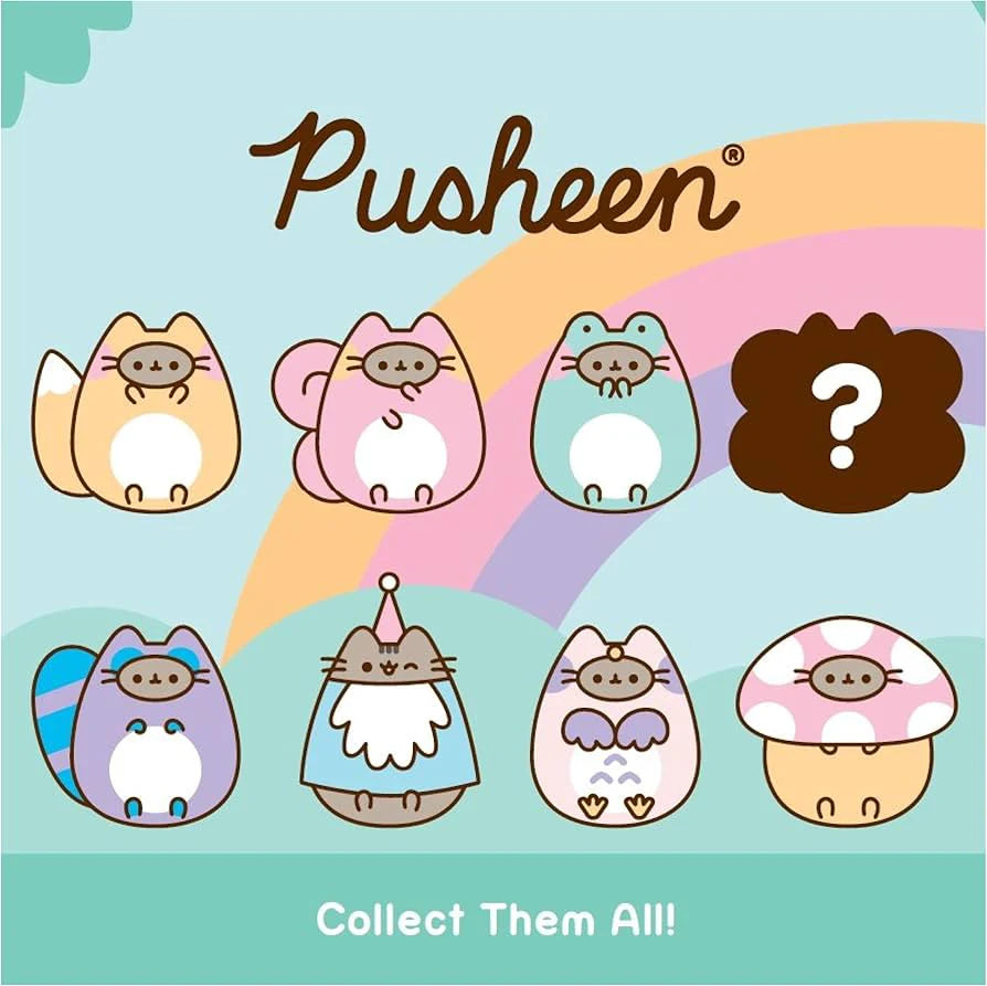 Seven cartoon Pusheen cats in Enchanted Forest costumes, plus a mystery Blind Box spot, appear on a rainbow background. Text reads "Pusheen" and "Collect Them All!"—perfect for any Plush Keychain fan.