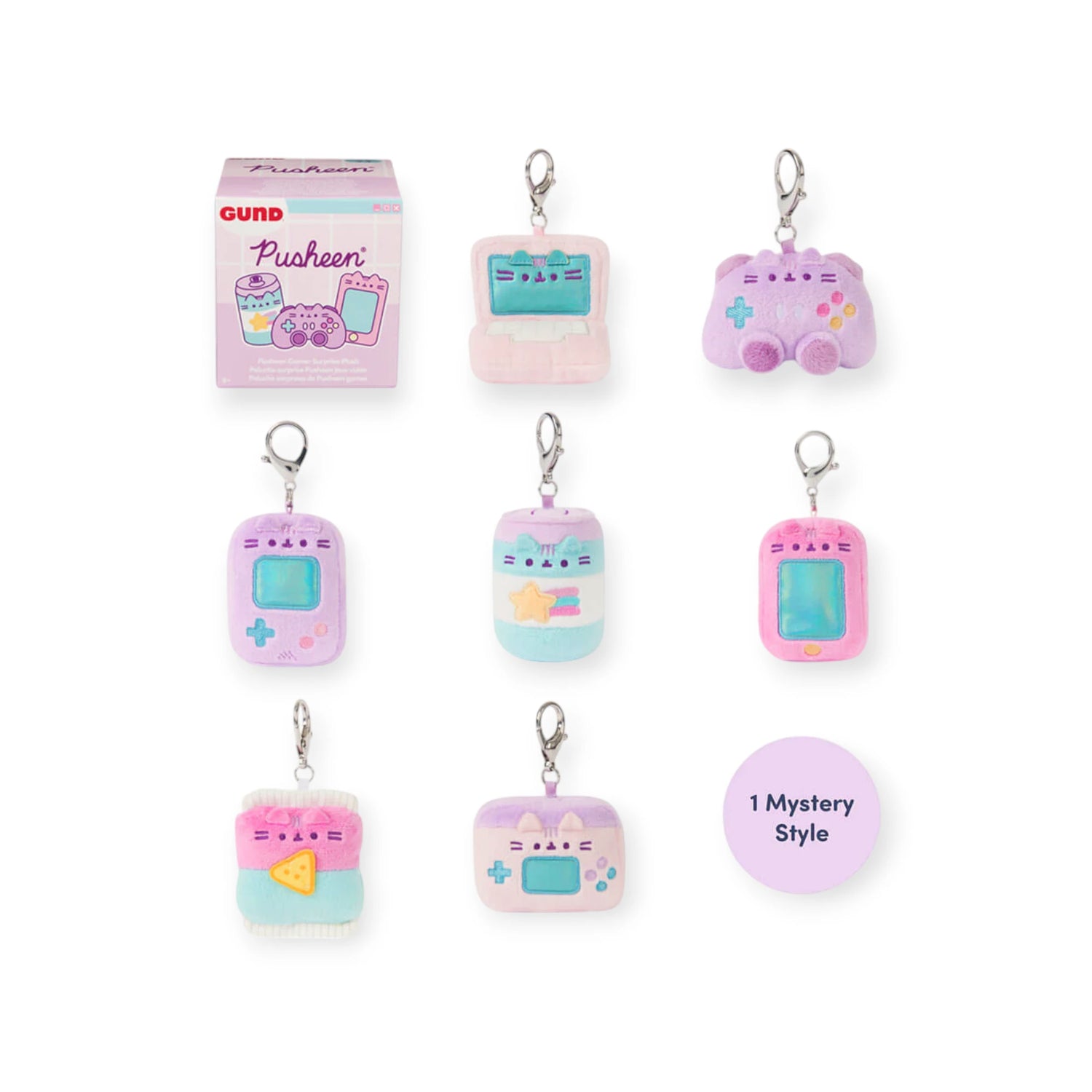 Seven Pusheen Blind Box - Gamer Series plush keychains, inspired by retro electronics, are shown with the product box and a “1 Mystery Style” label, highlighting the fun of collecting these adorable Pusheen surprises.
