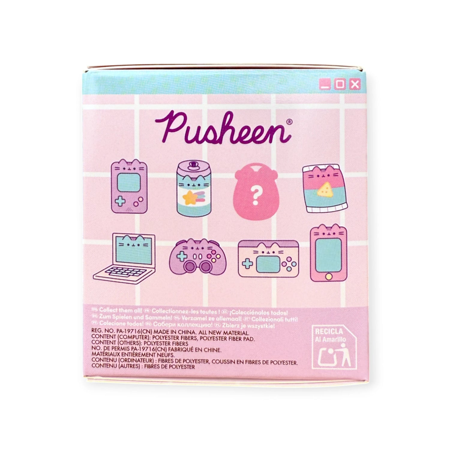 A pastel pink and purple "Pusheen Blind Box - Gamer Series" by Pusheen, featuring the logo and cat-themed digital gadget illustrations on a grid background, part of the Plush Keychains Blind Box collection.