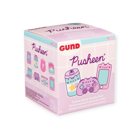A pastel Pusheen Blind Box - Gamer Series by Pusheen, featuring gamer-themed designs and illustrations of possible plush keychains on the packaging.