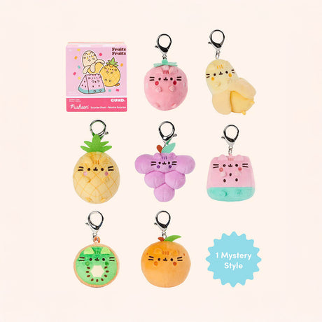 Pusheen Blind Box - Fruits Series features charming fruity plush keychains in delightful designs such as pineapple, grape, and watermelon. Each box includes a note that reads "1 Mystery Style," making it a perfect addition to your collectible keyrings!