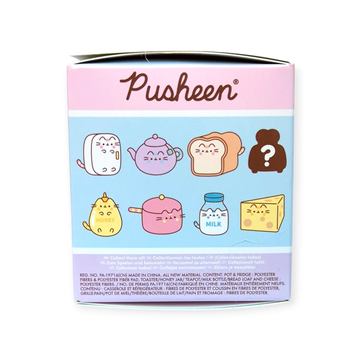 Discover the charm of the Pusheen Blind Box - Kitchen Surprise Series by Pusheen. This enchanting collection features whimsical food items adorned with cat faces, such as a honey jar, milk carton, bread, cheese, and a teapot. In addition, uncover the excitement of surprise mini plushies hidden behind a mystery mark.