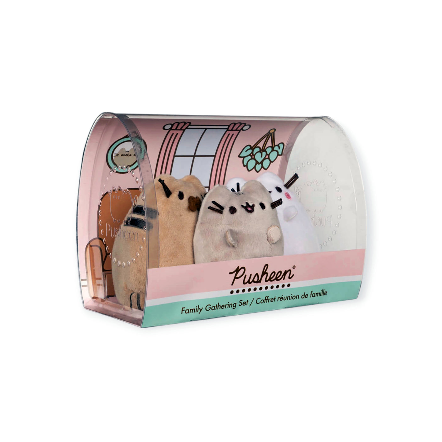 The Pusheen Family - Plushie Gift Set, by Pusheen, features clear packaging with charming room illustrations and "Family Gathering Set" text. It's perfect for collectors and fans to capture the cozy essence of family moments.