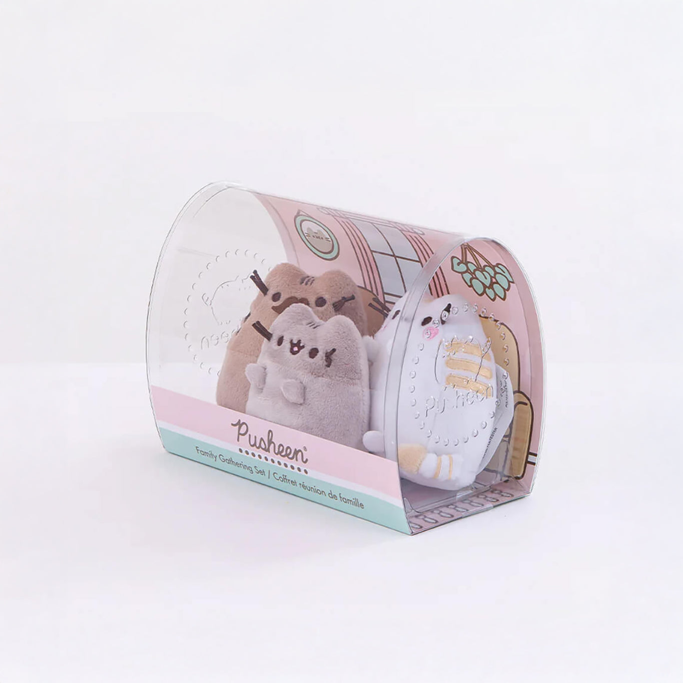 Introducing the Pusheen Plush - Family Gathering Gift Set by Pusheen: This delightful package includes a trio of charming Pusheen plush toys, beautifully presented in a clear, dome-shaped box with decorative cardboard backing—ideal for passionate fans.