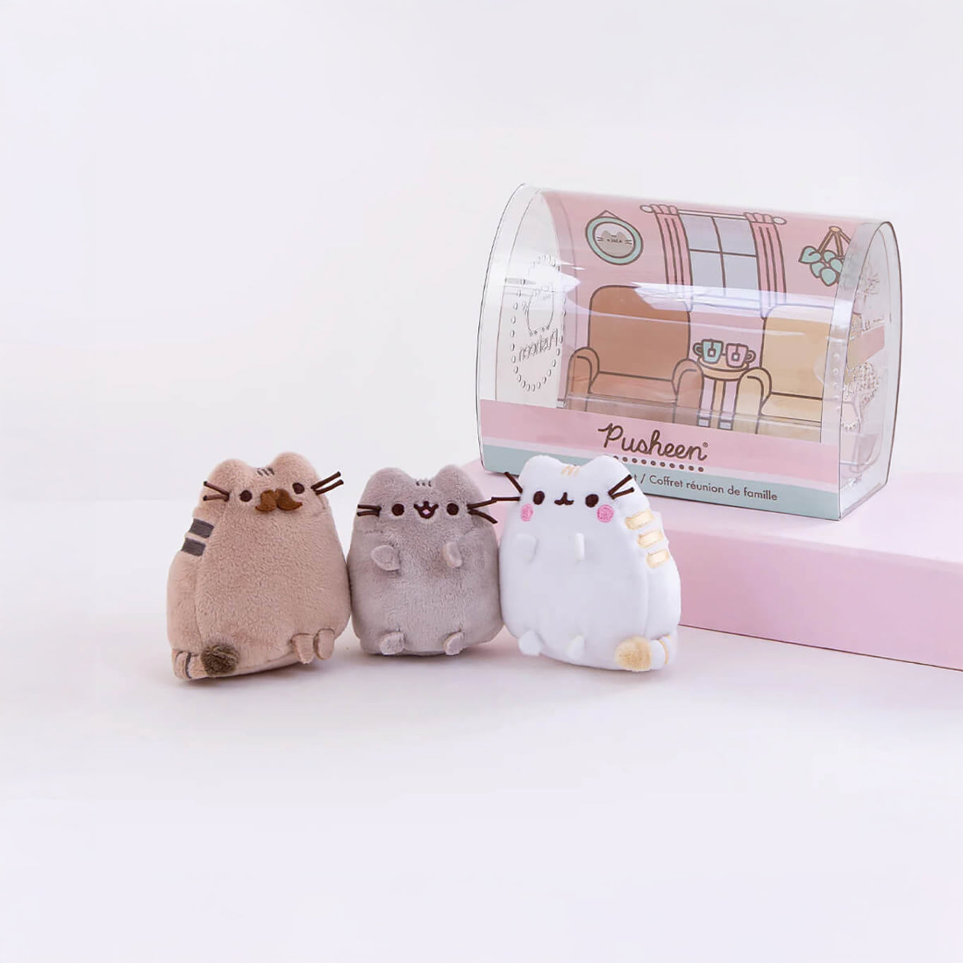 The Pusheen Family - Plushie Gift Set features three plush cat figures in various colors, sitting in front of a clear box with a pink base. This delightful set by Pusheen is perfect for any family gathering, adding warmth and smiles to the occasion.