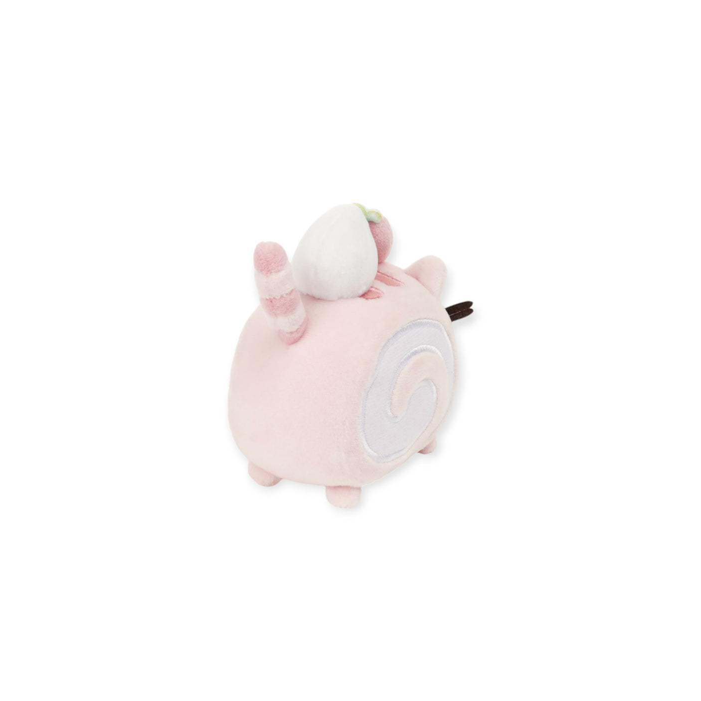 A mini plush toy from Pusheen, featuring a stylized pink snail design with a round shell and four legs, reminiscent of a roll cake, viewed from the side.