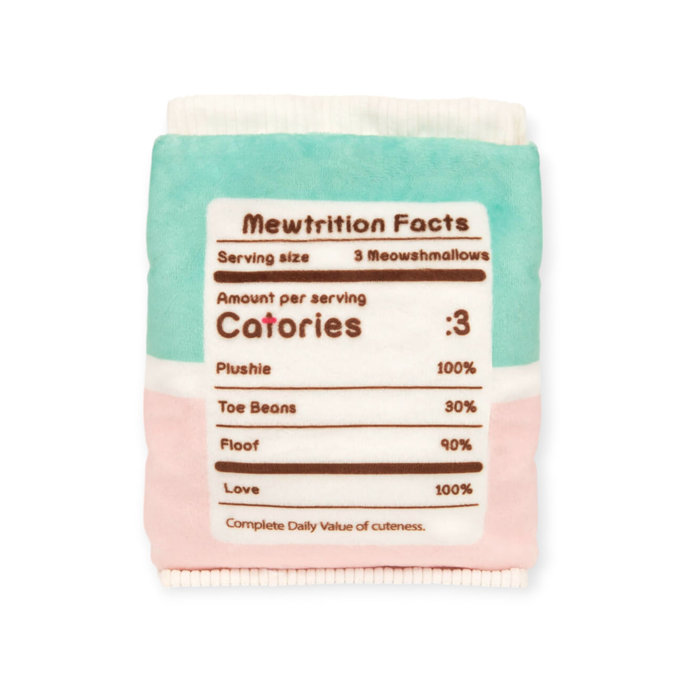 This fun gift idea includes a Pusheen Meowshmallows Plush Gift Set featuring a pastel blue and pink plushie designed to look like a nutritional label, complete with playful text about cat-like traits such as toe beans, floof, and love. It's an exceptional addition to any plush collection!