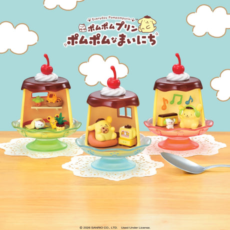 Three mini dessert blind box figures on cake doilies, each with cherry-topped dome
