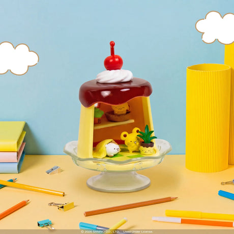Cherry-topped mini dessert blind box lantern with yellow cat and pudding on pedestal