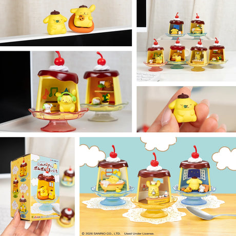 Mini dessert blind box figures with packaging; hand holds a small yellow character