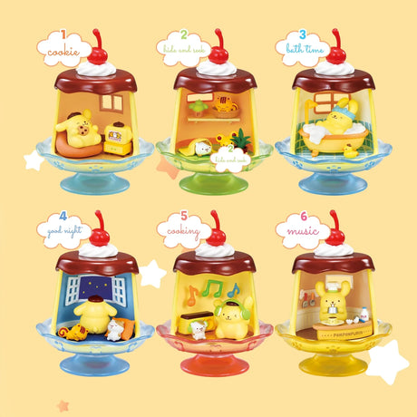 Six mini dessert blind box lantern figures with cherry tops in pastel pedestal colors