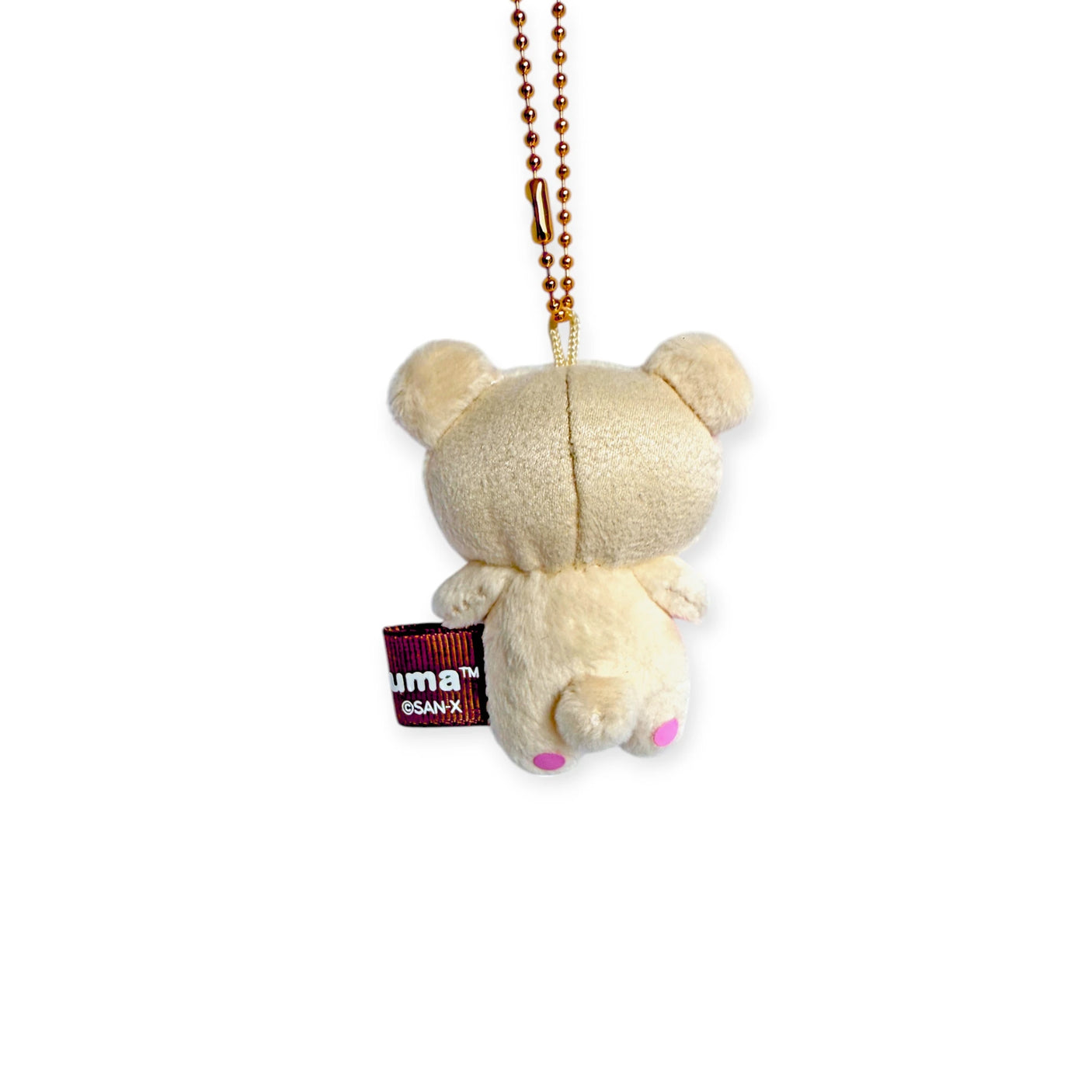 A small, light Korilakkuma Mini Plush Keychain by Rilakkuma is shown from the back against a white background. A tag is attached to this adorable collectible bear with a ball chain.