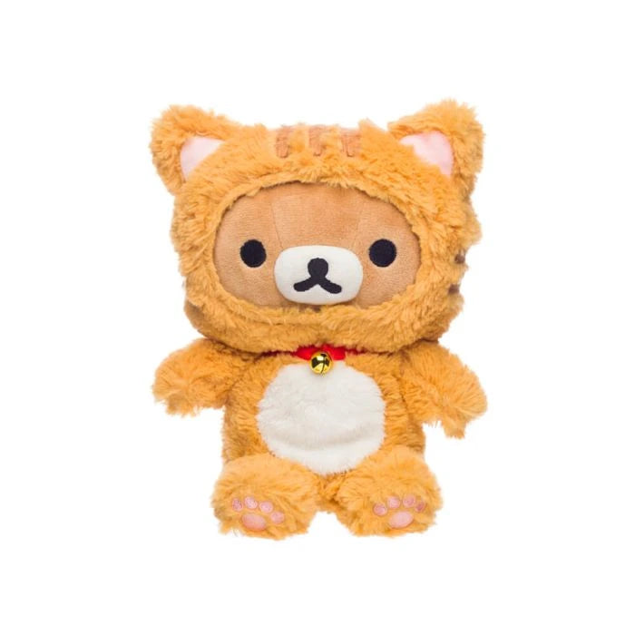The Rilakkuma Tiger Plush - 23cm features Rilakkuma in a fuzzy orange tiger costume with a bell collar, white belly, and pink paw pads—a cute and cuddly gift from the Rilakkuma brand.