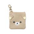 The Rilakkuma Coin Pouch Keychain - 9cm is a small beige synthetic leather pouch featuring the bear's face and ears. It includes a gold zipper and a top left lobster clasp, making it an ideal keychain accessory.