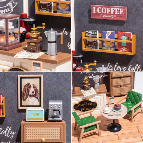 The Rolife Breezy Time Cafe - DIY Plastic Mini House transforms a coffee-themed room into a mini cafe with coffee tools, a dog photo, and a "Coffee Shop" sign. Complete with a table, chairs, and an "I Love Coffee" shelf adorned with mugs—ideal for any DIY kit enthusiast.