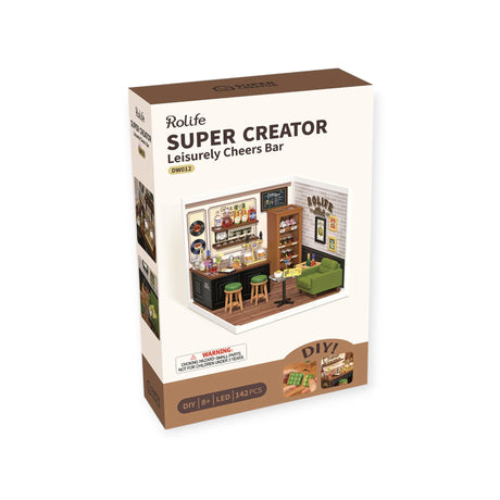 Rolife's Leisurely Cheers Bar DIY Plastic Mini House is a kit for ages 8+ with 142 pieces, featuring a miniature bar set with mood lighting.