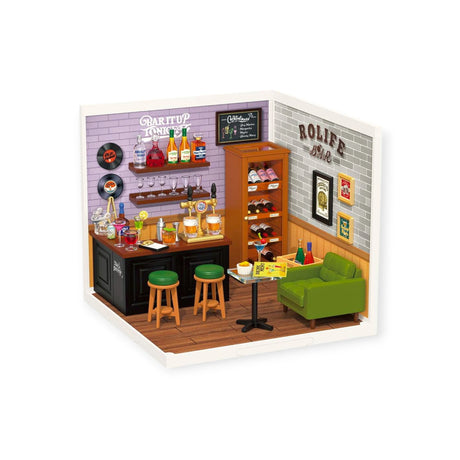 Discover the Rolife Leisurely Cheers Bar - DIY Plastic Mini House, featuring bottle shelves, a wine rack, a bar counter with stools, and a green sofa. The cozy setup is enhanced with mood lighting and elegant wall decor for an inviting atmosphere.