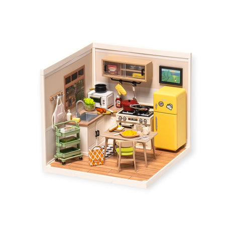 The Rolife Happy Meals Kitchen - DIY Plastic Mini House by Rolife features a cozy cooking atmosphere with a yellow fridge, sink, stove, and table. It includes a toaster, fruit, dishes, wall shelves displaying pots, and a charming banana bunch.