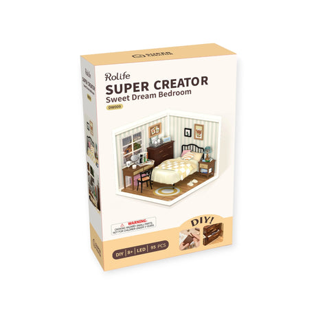 Explore the "Rolife Sweet Dream Bedroom - DIY Plastic Mini House" by Rolife, a mini hangout featuring 95 pieces and LED lighting. Perfect for creators aged 8 and up, this set showcases a detailed bedroom scene with furniture and decor.