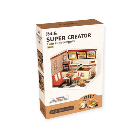 The Rolife Yum Yum Burgers DIY Mini House kit, by Rolife, includes 110 pieces and LED lights, perfect for building your retro-style mini burger joint. Suitable for ages 8+.