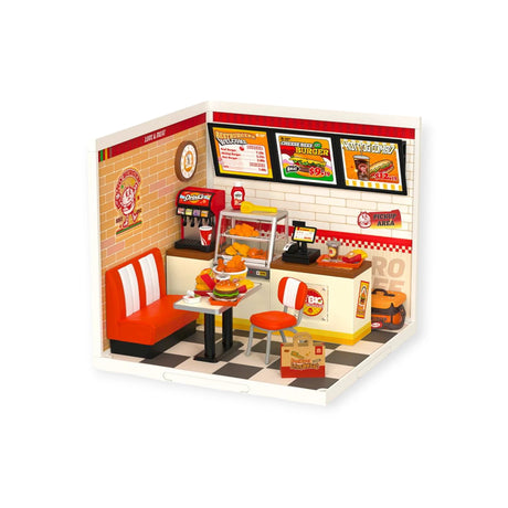 The Rolife Yum Yum Burgers - DIY Plastic Mini House by Rolife features a retro diner model with a booth, table set with a meal, counter with fries and drink dispenser, all adorned with colorful signs and a classic tiled floor.